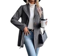 IDEALSANXUN Blazer lungo in lana scozzese per le donne abiti autunnali trench invernale a maniche lunghe casual elegante giacca con risvolto pavone, Grigio, Small