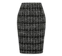 IDEALSANXUN Gonne Midi Scozzesi da Donna 2023 Autunno Inverno Gonna al Ginocchio in Lana a Matita con Spacco, Tweed Nero, M