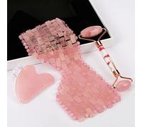ideayard Maschera per gli occhi al quarzo rosa e rullo per il viso e Gua Sha 3 in 1, vero quarzo rosa naturale AAA per la cura della pelle del viso