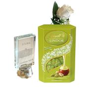 Idee Regalo Festa Della Donna 2024 - 200gr Lindor + Souvenir in Vetro con Incisione 3D Roma + Rosa Bianca Artificiale (Pistacchio)