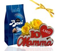 Idee Regalo Festa della Mamma 2025 - Baci Perugina 125gr + Scritta legno " Io Amo Mamma" + Rose Gialle Artificiali (BACI PERUGINA)