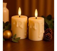 Ideen mit Herz Candele a LED con rivestimento in vera cera, 2 pezzi, color crema, Natale, bianco caldo, effetto fiamma realistico, funzione timer, funzionamento a batteria (con gocce di cera)