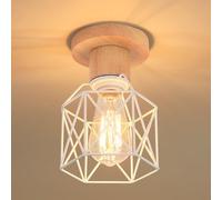 iDEGU 15CM Plafoniera Vintage E27 Lampadario Soffitto Industrial in Legno e Metallo Design Gabbia Lampada da Soffitto Retrò per Camera da Letto Corridoio Cucina Salotto (Bianco, Legno)