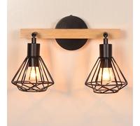 iDEGU 2 Luci Applique da Parete Interno Industrial Vintage E14 Lampada da Parete in Metallo e Legno Orientabile Lampada da Muro Nero Lampadario da Soffitto per Camera da Letto Soggiorno Cucina Caffè