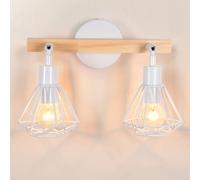 iDEGU 2 Luci Applique da Parete Interno Industrial Vintage E14 Lampada da Parete in Metallo e Legno Orientabile Lampada da Muro Bianco Lampadario da Soffitto per Camera da Letto Soggiorno Cucina Caffè