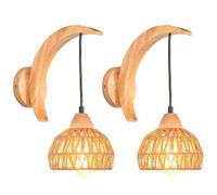 iDEGU 2 Pezzi Applique da Parete Interno in Legno e Rattan, E27 Illuminazione da Parete Retrò Stile Boho Luce Sospensione Disegno Luna Lampada da Parete Vintage per Camera da Letto Soggiorno (Marrone)