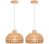 iDEGU 2 Pezzi Lampadari a Sospensione Vintage in Legno Rattan 25cm Lampada a Sospensione E27 Lampadario da Soffitto Retrò illuminazione Decorazione per Camera da Letto Soggiorno Caffè (Rattan Marrone)