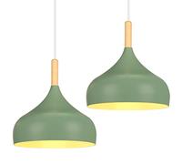 iDEGU 2 Pezzi Lampadario a Sospensione Retrò 24cm Lampada a Soffitto in Legna Metallo Moderna LED Lampada a Sospensione Stile Scandinavo Plafoniera per Sala da Pranzo Camera da Letto (Verde Oliva)