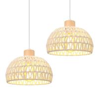 iDEGU 2 Pezzi Lampade a Sospensione Retrò 25CM Lampada da Soffitto in Legna Rattan Moderna Lampadario Stile Scandinavo a Semicerchio Plafoniera per Camera da Letto Soggiorno Sala da Pranzo (Bianco)