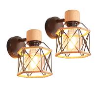 iDEGU 2 Pezzi Lampade da Parete Interni Vintage 15cm Applique da Parete in Legno Metallo Design Gabbia con Corda di Canapa Industriale Regolabile Plafoniera Nero Lampada a Muro per Soggiorno Cucina