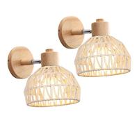 iDEGU 2 Pezzi Lampade da Parete Retrò Vintage Applique da Parete Interno in Legno e Rattan Industriale Lampada a Muro Orientabile E27 Luce da Camera da Letto Soggiorno Caffè (20cm, Bianco)
