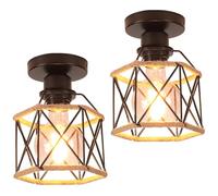 iDEGU 2 Pezzi Plafoniera Vintage 15CM Lampadario Soffitto Industriale Design Gabbia in Metallo e Corda di Canapa Retrò Lampada a Sospensione E27 Lampada da Soffitto per Corridoio Portico Cameretta
