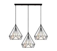 iDEGU 3 lampade a sospensione vintage lampadario da soffitto a gabbia in metallo retrò E27 lampade da soffitto a forma di diamante con paralume in tessuto, con barra da soffitto, 25 cm, nero