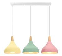 iDEGU 3 Luci Lampadario a Sospensione Retrò LED Lampada a Soffitto in Legna Metallo Moderna Lampada a Sospensione Stile Scandinavo Plafoniera per Sala da Pranzo Soggiorno (Verde+Rosa+Giallo, Barra)