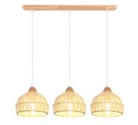 iDEGU 3 Luci Lampadario a Sospensione Vintage in Legno Rattan Lampada a Sospensione E27 Lampadario da Soffitto Retrò illuminazione Decorazione per Sala da Pranzo Soggiorno Cucina (Barra, Bianco)
