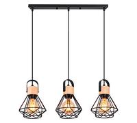 iDEGU 3 Luci Lampadario a Sospensione Vintage Industriale, Lampada da Soffitto in Legno e Metallo Nero Gabbia Geometrica 16cm Retro E27 Lampada a Sospensione Interni per Camera da Letto Cucina (Palo)