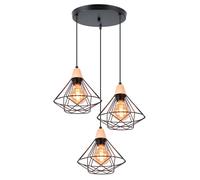 iDEGU 3 Luci Lampadario a Sospensione Vintage Industriale, Lampada da Soffitto in Legno e Metallo Nero Gabbia Geometrica 22cm Retro E27 Lampada a Sospensione Interni per Camera da Letto Cucina (Palo)
