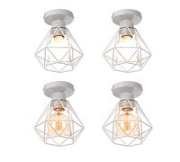 iDEGU 4 Pezzi Plafoniera Vintage E27 Lampadario Soffitto Industriale 16cm Paralume in Metallo Design Gabbia di Diamanti Retrò E27 Lampada da Soffitto per Corridoio Camera da Letto (Gabbia B, Bianco)