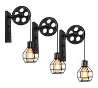 iDEGU Applique da parete Vintage, Lampada da Parete Interno Stile Puleggia E27 Plafoniera in Legno e Ferro Regolabile Lampada Sospensione per Soggiorno, Ristorante, Bar - Nero (3 Pezzi)