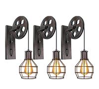 iDEGU Applique da parete Vintage, Lampada da Parete Interno Stile Puleggia E27 Plafoniera in Legno e Ferro Regolabile Lampada Sospensione per Soggiorno, Ristorante, Bar - Ruggine Nera (3 Pezzi)