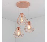 iDEGU - Lampadario a sospensione moderno, con attacco E27, a forma di diamante, in ferro, stile retrò, color oro rosa, per camera, cucina, soggiorno (con supporto rotondo, 20 cm)