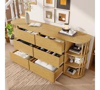 Idemon Cassettiera in rovere 160 cm, design romano con colonne e ripiani in bambù, 6 cassetti e mensole aperte, piedini regolabili in altezza, altezza H75/B160/T40 cm