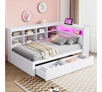 Idemon Divano in legno massello 90 x 200 cm, con vano portaoggetti, letto con USB e presa con striscia luminosa ambientale, con ripiani e vano portaoggetti, un sacco di spazio di archiviazione, letto