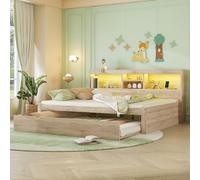 Idemon Divano letto, 140 x 200 cm, con luce ambientale, vano portaoggetti per comodino, letto estraibile, presa + USB, materasso non incluso (naturale)