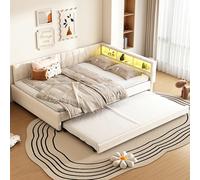 Idemon Divano Letto 140x200 cm con Rete a Doghe, Vano Portaoggetti, USB + Tipo C, Telecomando per Illuminazione Ambiente, Letto con Letto Estraibile, Materasso Non Incluso, Lino (Beige)