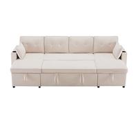Idemon Divano letto con funzione sleep, divano a forma di U, divano imbottito, tessuto di cotone e lino, con porta bevande, due ripostigli, adatto per famiglie, soggiorni e altri luoghi. (beige)