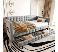 Idemon Divano letto imbottito, 90 x 190 cm, classico motivo a quadri, scomparti sui lati del letto, due cassetti sotto il letto, per gli ospiti o come letto singolo, tessuto in velluto, grigio chiaro
