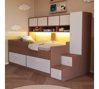 Idemon Letti in legno 90 × 200 cm, con vano portaoggetti, armadietto e scala da arrampicata semplice, con illuminazione, telaio del letto con ringhiera di sicurezza, legno naturale