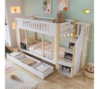 Idemon Lettino a castello, culla per le scale con funzione di archiviazione, tre cassetti su ruote, piccola lavagna per scarabocchiare, pino + MDF + PB+compensato bianco+naturale, 90 x 200 cm, senza