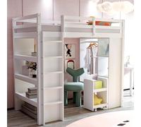 Idemon Lettino a soppalco per bambini, 90 x 200 cm, bianco - letto singolo con ripiani, grucce, carrello, capacità di carico 120 kg, legno di pino/compensato/MDF, per materassi da 8 a 12 cm (senza