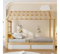 Idemon Lettino per bambini in stile rustico, 90 x 200 cm, con tetto, finestra, spazio idraulico e scomparti laterali, colore legno + bianco