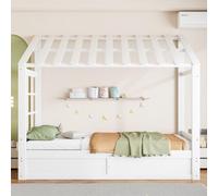 Idemon Lettino per bambini in stile rustico, 90 x 200 cm, con tetto, finestra, vano portaoggetti idraulico e scomparti laterali, bianco