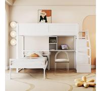 Idemon Letto a castello 90 x 200 cm, scala di sicurezza con vano portaoggetti nascosto, vano portaoggetti da scrivania, design due in uno, per bambini, rete a doghe, letto di pino (bianco)