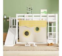 Idemon Letto a castello, letto in legno con scale e recinzioni, con tenda, scivolo, culla con protezione anticaduta e griglia, MDF + pino, 90 x 200 cm (bianco)