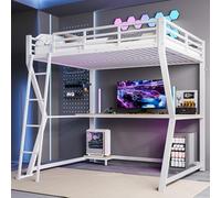 Idemon Letto a soppalco 140 x 200 cm, con scrivania e illuminazione a LED, letto soppalco con zona di lavoro, presa USB, scale e ringhiere senza materasso (bianco)