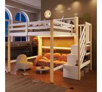 Idemon Letto a soppalco, 140 x 200 cm, grande spazio sotto il letto, scala a sdraio, con vano portaoggetti aperto, senza materasso, colore: bianco + naturale