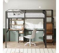 Idemon Letto a soppalco 140x200 con scala di sicurezza, culla con telaio in ferro e tavolo per computer, letti per ragazzi, letti per adulti (nero)