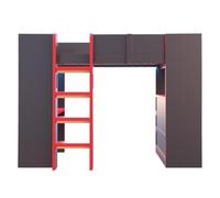 Idemon Letto a soppalco 90 x 200 cm, nero/rosso | Con scrivania, supporto per computer, scaffale a più piani, presa e illuminazione LED, con scala sicura