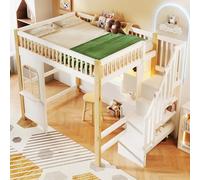 Idemon Letto a soppalco con illuminazione ambientale, finestra a forma di scala, vano portaoggetti, scrivania, presa elettrica, materasso non incluso, colore bianco + naturale (140 x 200 cm)