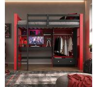 Idemon Letto a soppalco da 90 x 200 cm, con scala, vano portaoggetti e tavolo, con armadio e cassetti, letto singolo in stile gaming