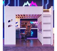 Idemon Letto a soppalco da gioco, 140 x 200 cm, con scrivania e LED, con porta USB-C, cassetto e stendibiancheria, bianco (senza materasso) (140 x 200 cm)