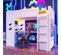 Idemon Letto a soppalco da gioco, 90 x 200 cm, con scrivania e LED, con porta USB-C, cassetto e stendibiancheria, bianco (senza materasso) (90 x 200 cm)