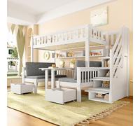 Idemon Letto a soppalco multifunzionale per bambini 90x200cm con scrivania - Letto a soppalco 2-in-1 con scala portaoggetti, recinzione decorativa con stelle e luna & cuscino grigio, bianco, legno