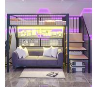 Idemon Letto a soppalco multifunzione in metallo, dimensioni 90 x 200, adatto per bambini e adolescenti. Dotato di barra luminosa da sogno controllata da APP, scala con spazio di archiviazione e (nero