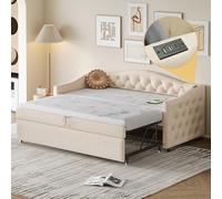 Idemon Letto Imbottito Estensibile Divano Letto, 90 * 200 cm, Con USB, Forma Classica con Bottoni con Rete a Doghe, Letto Multifunzionale - Letto per Ospiti, Tessuto di Lino, (Materassino Non Incluso