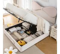 Idemon Letto imbottito idraulico, matrimoniale, testiera regolabile, papillon, testiera imbottita, letto con rete a doghe in metallo, struttura moderna con vano portaoggetti, velluto, beige+rosa, 140